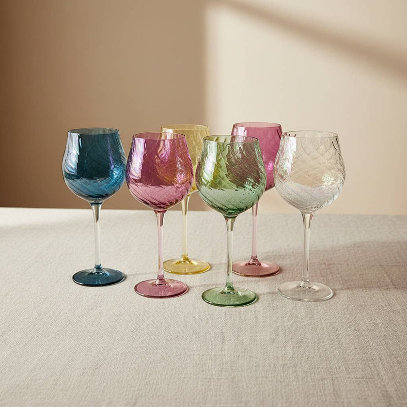 Blown Glass Long Stem Wine Glass: Iridescent Clear