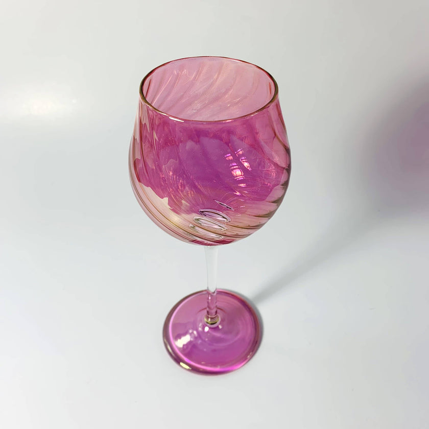 Blown Glass Long Stem Wine Glass: Iridescent Pink
