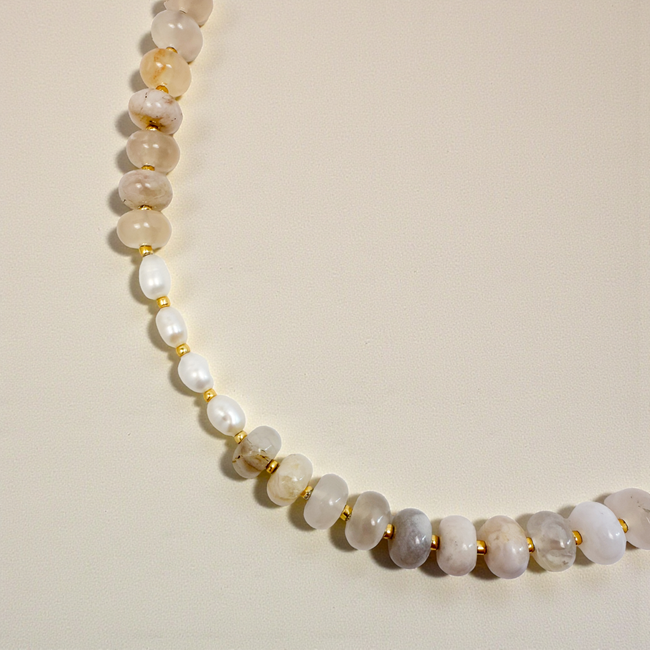 Mist Freshwater Pearl & Bold Gemstone Beaded Necklace