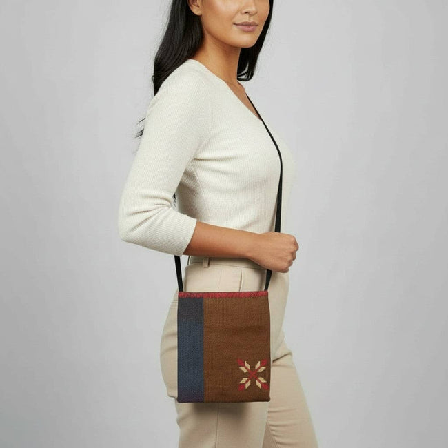 Edith Handcrafted Crossbody: Brown & Blue - Yellow & Red Embroidery