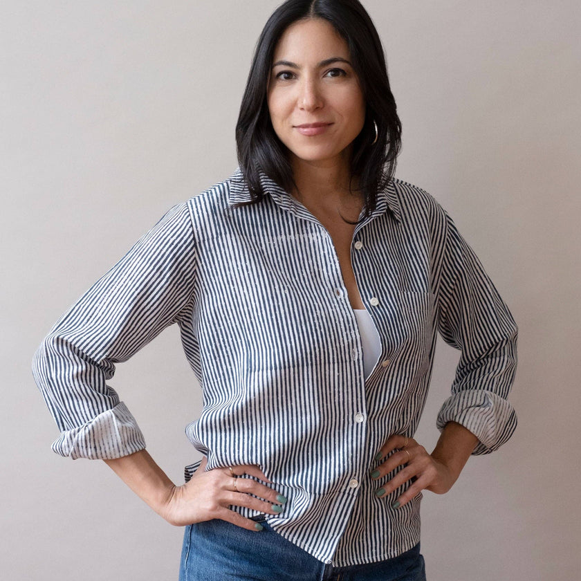 Pali Top- Stripes Navy in Double Cotton Gauze