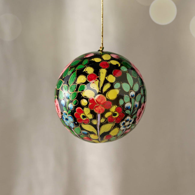 Ameer Paper Mache Ball Ornament - Floral on Dark