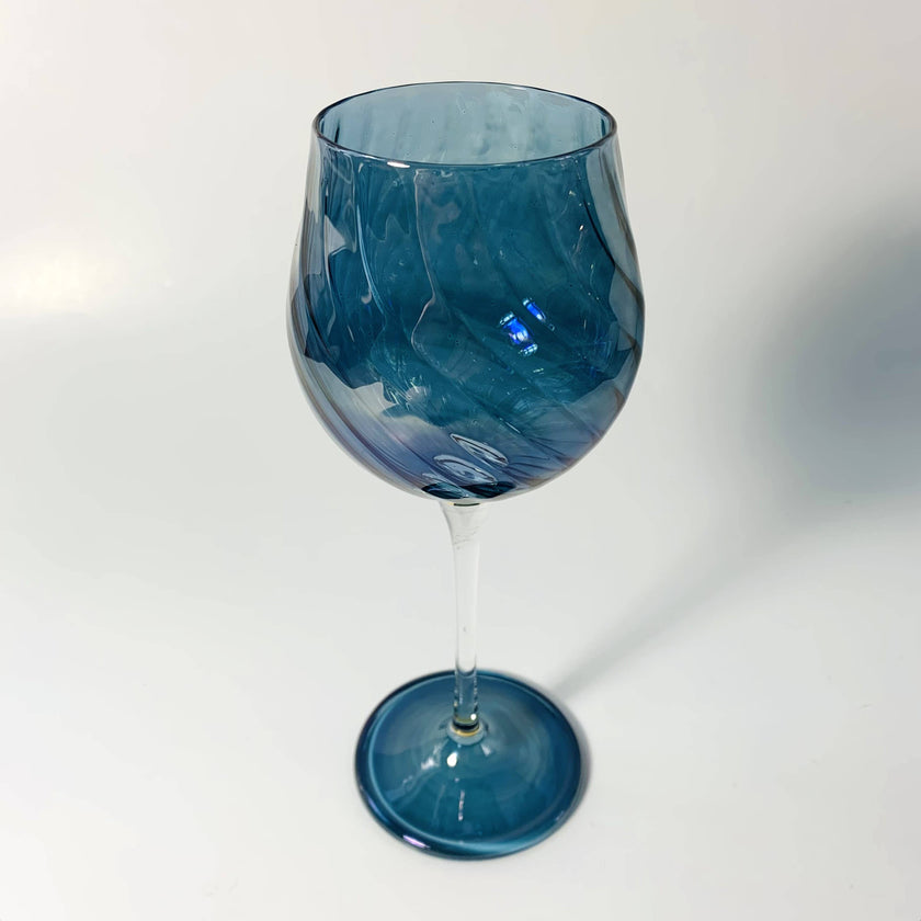 Blown Glass Long Stem Wine Glass: Iridescent Blue