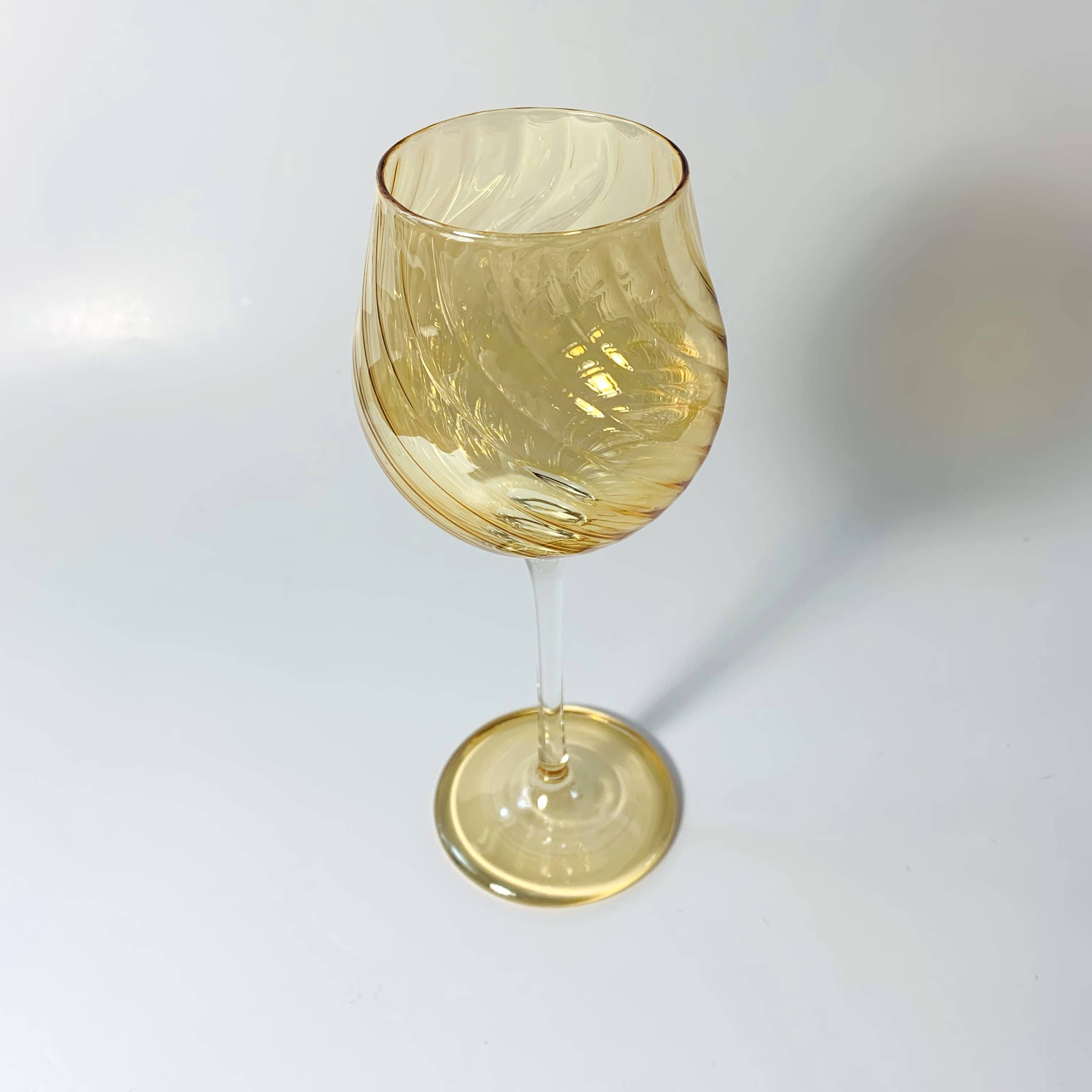 Blown Glass Long Stem Wine Glass: Iridescent Amber