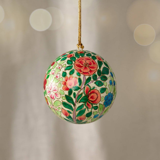 Ameer Paper Mache Ball Ornament - Floral on White