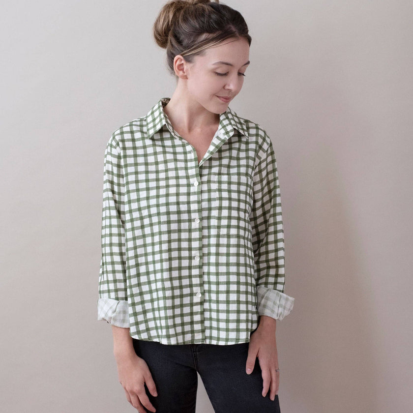Pali Top- Gingham Forest in Double Cotton Gauze