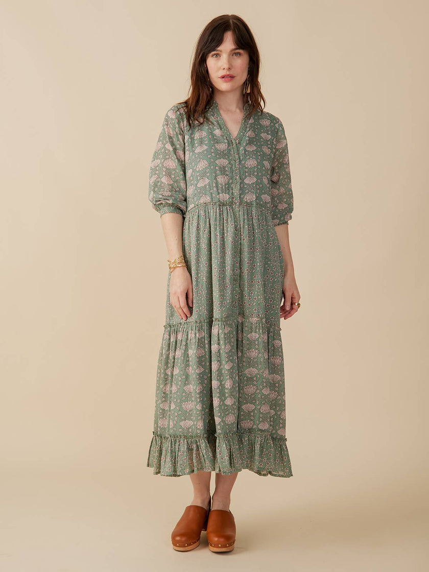 Britta Long Sleeve Tiered Dress Aegean Teal Mix: Aegean Teal Mix / L